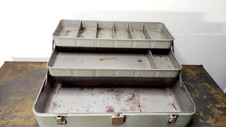 1950 My Buddy Fishing Tackle Box #252 - patinaed chippy metal industrial toolbox small parts chest AS-IS no key.