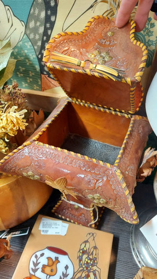 Midcentury Ornate Folk Art, tooled leather lidded storage jewelry keepsake art box - hidden storage home accent (As-Is)