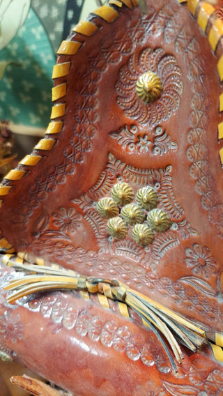 Midcentury Ornate Folk Art, tooled leather lidded storage jewelry keepsake art box - hidden storage home accent (As-Is)