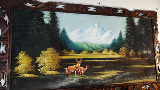 1960s Deer Grazing Autumn Mountain landscape Scene Hand Carved Wood Frame - Oil On Velvet - Chuy Moran workshop, Bob Ross style (AS-IS)