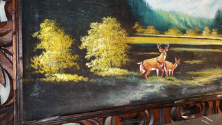 1960s Deer Grazing Autumn Mountain landscape Scene Hand Carved Wood Frame - Oil On Velvet - Chuy Moran workshop, Bob Ross style (AS-IS)