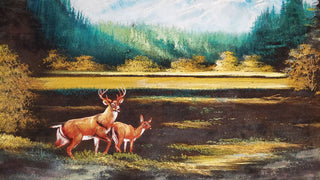 1960s Deer Grazing Autumn Mountain landscape Scene Hand Carved Wood Frame - Oil On Velvet - Chuy Moran workshop, Bob Ross style (AS-IS)