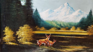 1960s Deer Grazing Autumn Mountain landscape Scene Hand Carved Wood Frame - Oil On Velvet - Chuy Moran workshop, Bob Ross style (AS-IS)