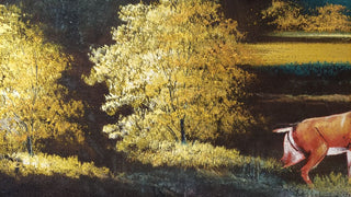 1960s Deer Grazing Autumn Mountain landscape Scene Hand Carved Wood Frame - Oil On Velvet - Chuy Moran workshop, Bob Ross style (AS-IS)