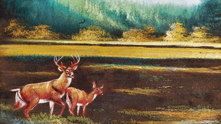 1960s Deer Grazing Autumn Mountain landscape Scene Hand Carved Wood Frame - Oil On Velvet - Chuy Moran workshop, Bob Ross style (AS-IS)