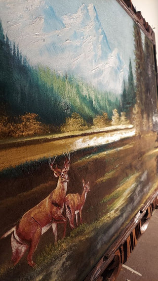 1960s Deer Grazing Autumn Mountain landscape Scene Hand Carved Wood Frame - Oil On Velvet - Chuy Moran workshop, Bob Ross style (AS-IS)