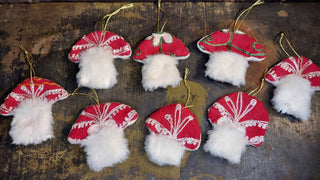3" Vintage Suzani Embroidered Fabric and Stuff Felt Folk Art Toadstool Mushroom Ornament