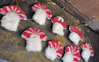 3" Vintage Suzani Embroidered Fabric and Stuff Felt Folk Art Toadstool Mushroom Ornament