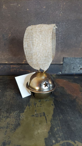 a) Vintage silver metal sleigh jingle bell - with a stars cutout on a burlap ribbon (As-Is)