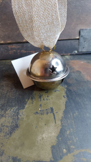 a) Vintage silver metal sleigh jingle bell - with a stars cutout on a burlap ribbon (As-Is)