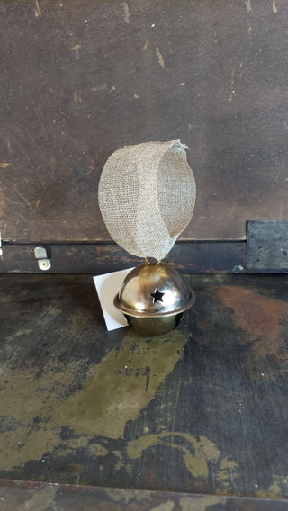 a) Vintage silver metal sleigh jingle bell - with a stars cutout on a burlap ribbon (As-Is)