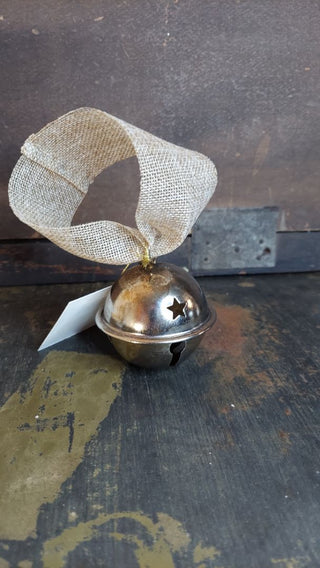 b) Vintage silver metal sleigh jingle bell - with a stars cutout on a burlap ribbon (As-Is)