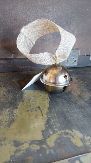 b) Vintage silver metal sleigh jingle bell - with a stars cutout on a burlap ribbon (As-Is)
