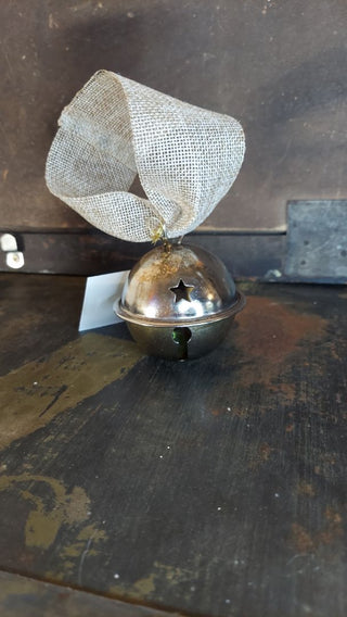 b) Vintage silver metal sleigh jingle bell - with a stars cutout on a burlap ribbon (As-Is)
