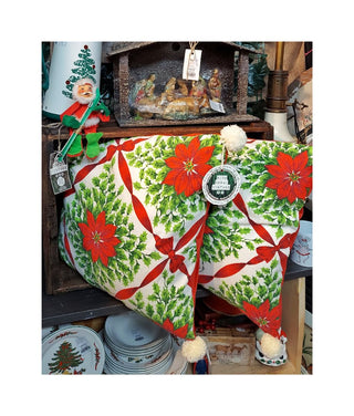 20" Mid-century Christmas poinsettia and ribbon bow pillow with red crushed velvet back and pom pom tops, zipper closure throw pillow with insert