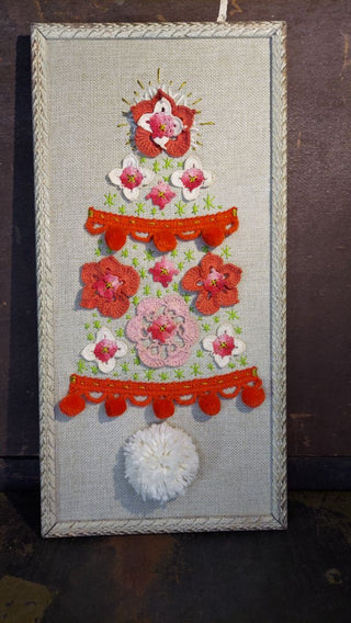 Antique Framed Scandinavian Folk Art art style Christmas Tree Wall Art - mix stitch collage