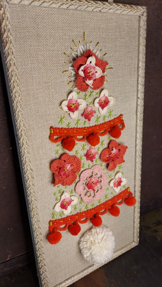 Antique Framed Scandinavian Folk Art art style Christmas Tree Wall Art - mix stitch collage