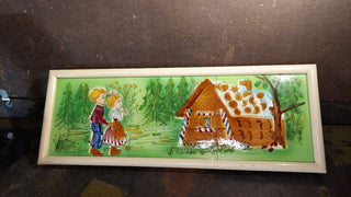 Midcentury "Hansel and Gretel" fairy tail hand-painted tile wall art, signed "Anderson" (As-Is)