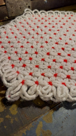 12" Midcentury Red white and silver crocheted placeholder
