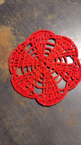 Beautiful red 4" crochet doily, perfect placement for candles, drinks, plants, decor etc