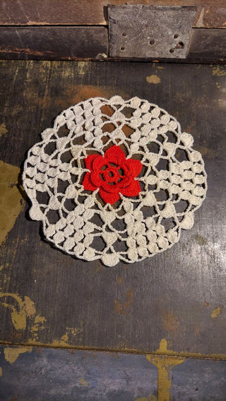 6.5" Red And White Center Flower crochet doily
