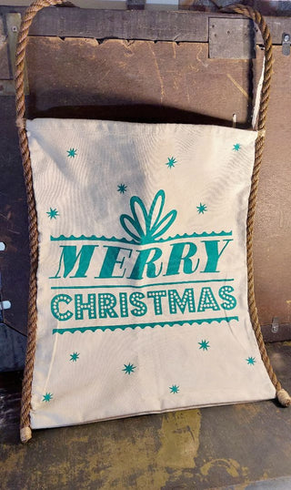 Merry Christmas Rustic Sack Linen with Rope Strap Tote