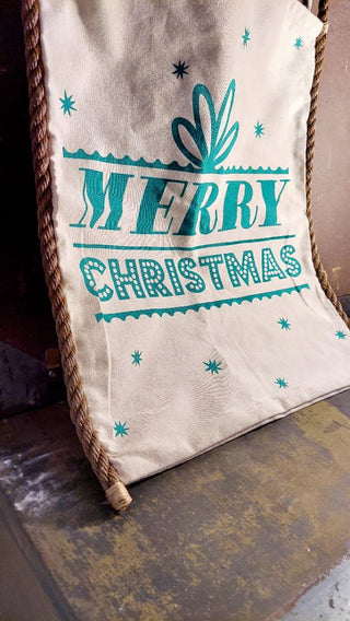 Merry Christmas Rustic Sack Linen with Rope Strap Tote