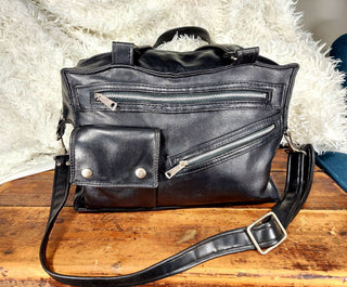 1960s black faux-leather duffel shoulder crossbody bag - Rockabilly Moto Punk Aesthetic. (Travel tote purse luggage- As-Is)