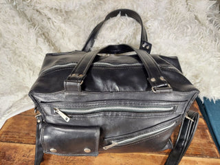 1960s black faux-leather duffel shoulder crossbody bag - Rockabilly Moto Punk Aesthetic. (Travel tote purse luggage- As-Is)