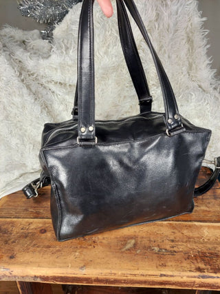 1960s black faux-leather duffel shoulder crossbody bag - Rockabilly Moto Punk Aesthetic. (Travel tote purse luggage- As-Is)