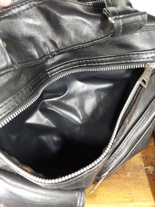 1960s black faux-leather duffel shoulder crossbody bag - Rockabilly Moto Punk Aesthetic. (Travel tote purse luggage- As-Is)