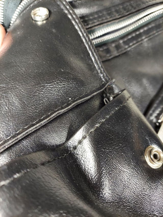 1960s black faux-leather duffel shoulder crossbody bag - Rockabilly Moto Punk Aesthetic. (Travel tote purse luggage- As-Is)