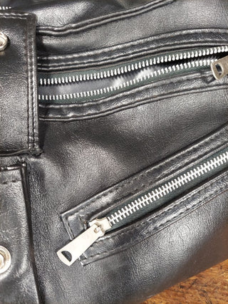 1960s black faux-leather duffel shoulder crossbody bag - Rockabilly Moto Punk Aesthetic. (Travel tote purse luggage- As-Is)