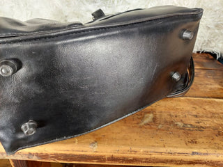 1960s black faux-leather duffel shoulder crossbody bag - Rockabilly Moto Punk Aesthetic. (Travel tote purse luggage- As-Is)