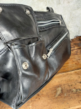 1960s black faux-leather duffel shoulder crossbody bag - Rockabilly Moto Punk Aesthetic. (Travel tote purse luggage- As-Is)