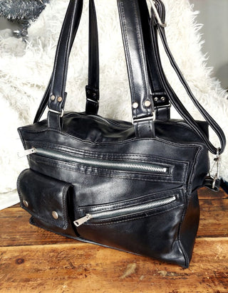 1960s black faux-leather duffel shoulder crossbody bag - Rockabilly Moto Punk Aesthetic. (Travel tote purse luggage- As-Is)
