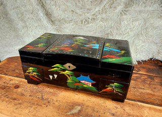 Mid-Century beautiful Mount Fuji scene hand-painted large working musical jewelry box with mirror by TOYO with high-gloss black lacquer finish (As-Is) no key.