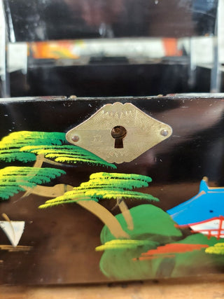 Mid-Century beautiful Mount Fuji scene hand-painted large working musical jewelry box with mirror by TOYO with high-gloss black lacquer finish (As-Is) no key.