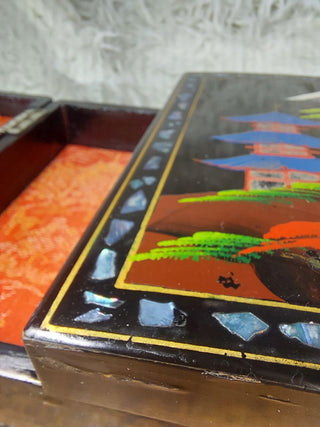 Mid-Century beautiful Mount Fuji scene hand-painted large working musical jewelry box with mirror by TOYO with high-gloss black lacquer finish (As-Is) no key.