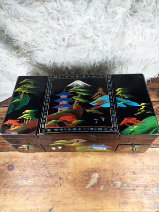 Mid-Century beautiful Mount Fuji scene hand-painted large working musical jewelry box with mirror by TOYO with high-gloss black lacquer finish (As-Is) no key.