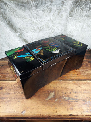 Mid-Century beautiful Mount Fuji scene hand-painted large working musical jewelry box with mirror by TOYO with high-gloss black lacquer finish (As-Is) no key.