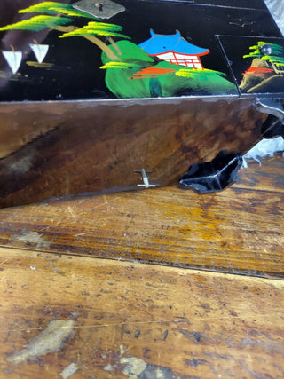 Mid-Century beautiful Mount Fuji scene hand-painted large working musical jewelry box with mirror by TOYO with high-gloss black lacquer finish (As-Is) no key.