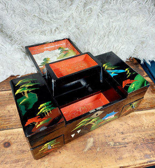 Mid-Century beautiful Mount Fuji scene hand-painted large working musical jewelry box with mirror by TOYO with high-gloss black lacquer finish (As-Is) no key.