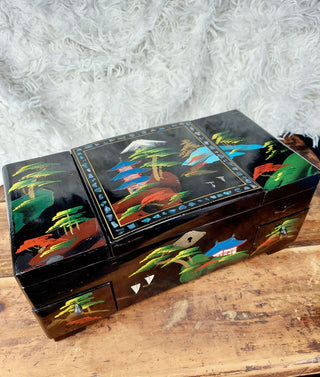 Mid-Century beautiful Mount Fuji scene hand-painted large working musical jewelry box with mirror by TOYO with high-gloss black lacquer finish (As-Is) no key.
