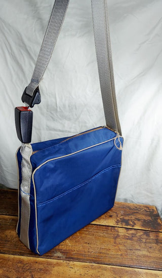 Vintage travel bag tote with recycled GM seatbelt and buckle adjustable crossbody shoulder strap (As-Is) one of a kind