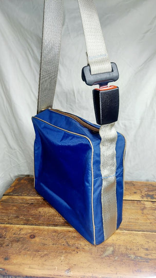 Vintage travel bag tote with recycled GM seatbelt and buckle adjustable crossbody shoulder strap (As-Is) one of a kind