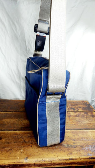 Vintage travel bag tote with recycled GM seatbelt and buckle adjustable crossbody shoulder strap (As-Is) one of a kind