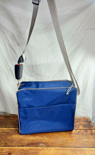 Vintage travel bag tote with recycled GM seatbelt and buckle adjustable crossbody shoulder strap (As-Is) one of a kind