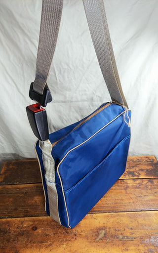Vintage travel bag tote with recycled GM seatbelt and buckle adjustable crossbody shoulder strap (As-Is) one of a kind