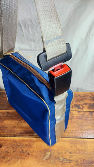 Vintage travel bag tote with recycled GM seatbelt and buckle adjustable crossbody shoulder strap (As-Is) one of a kind